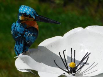 Gartensteckblume mit Eisvogel - Metall - Weiße Gartenblume