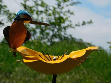 Tuinsteker Gele Bloem met IJsvogel - Metaal