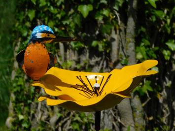Tuinsteker Gele Bloem met IJsvogel - Metaal