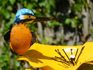 Tuinsteker Gele Bloem met IJsvogel - Metaal