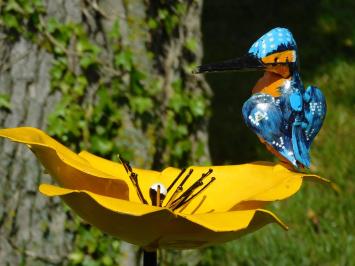 Tuinsteker Gele Bloem met IJsvogel - Metaal