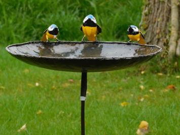 Vogelbad met 3 Gele Vogeltjes  - Tuinsteker - Metaal