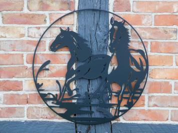 Wandornament Paarden - Zwart - Metaal - Rond