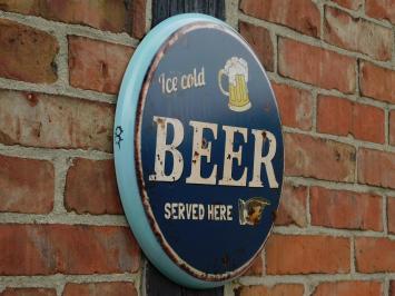 Wandbord ''Ice Cold BEER Served Here'' - Metaal - Rond